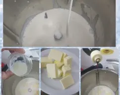 Step <p>Poner en el vaso el azúcar, el agua, la nata,la mantequilla, limón y la vainilla líquida. Iniciamos punto de azúcar.</p> illustration