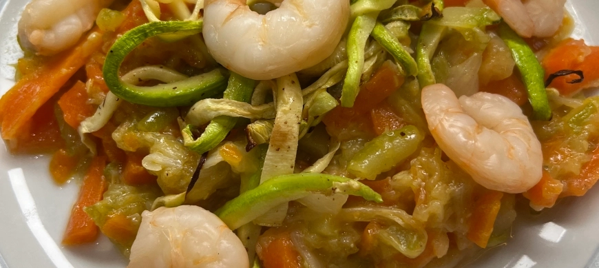 WOK DE VERDURAS, LANGOSTINOS CON Thermomix®