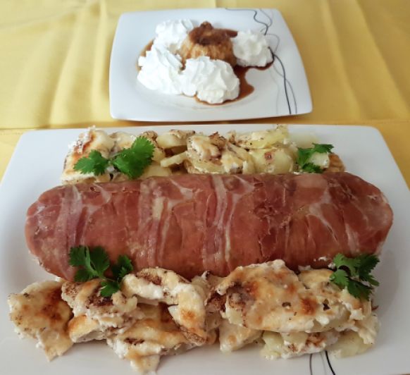 Menú: Rollo de carne con verduras, gratén de patatas y de Postre Flan
